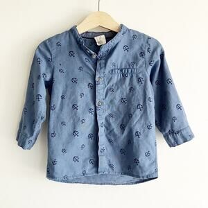 H&M Baby Boy Anchor Print Shirt 12-18M Linen Blend Tab Sleeve Nautical Blue